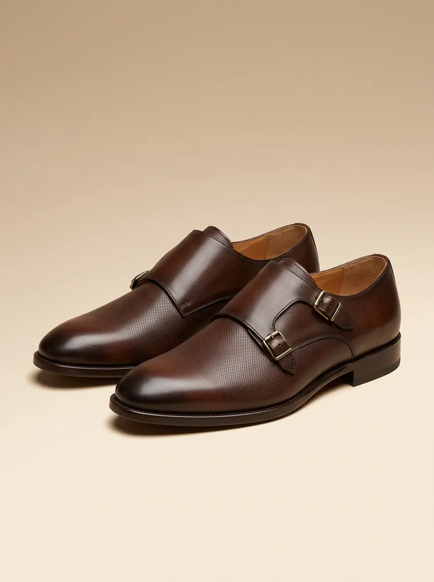 Men's Classic Business Formal Perforated Leather Double Monk Strap Shoes