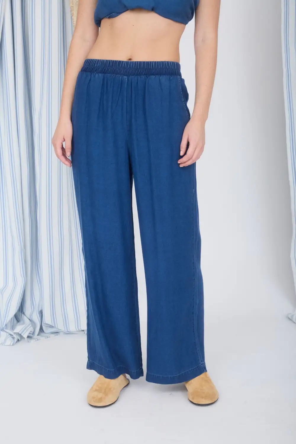 Chambray Elastic High Wide Leg Pants