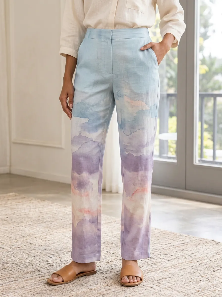 Women's Pastel Sky Cloud Watercolor Printed Trousers