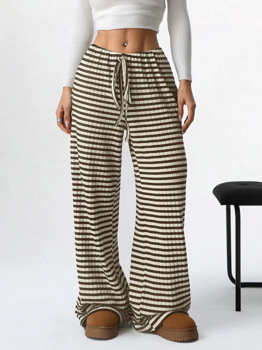 Relaxed Striped Wide Leg Drawstring Pants