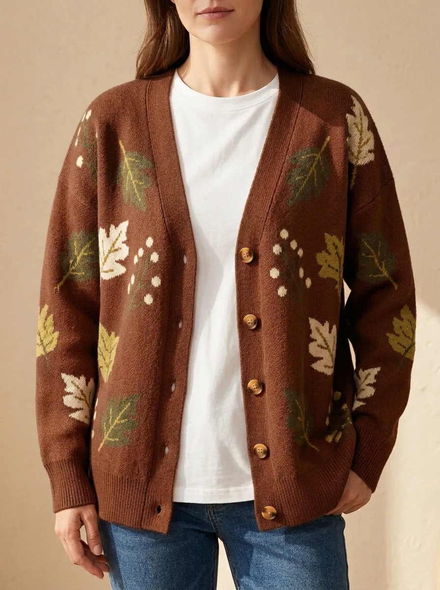 Botanical Profile Maple Leaf Pattern Patterned Women's Knit Cardigan