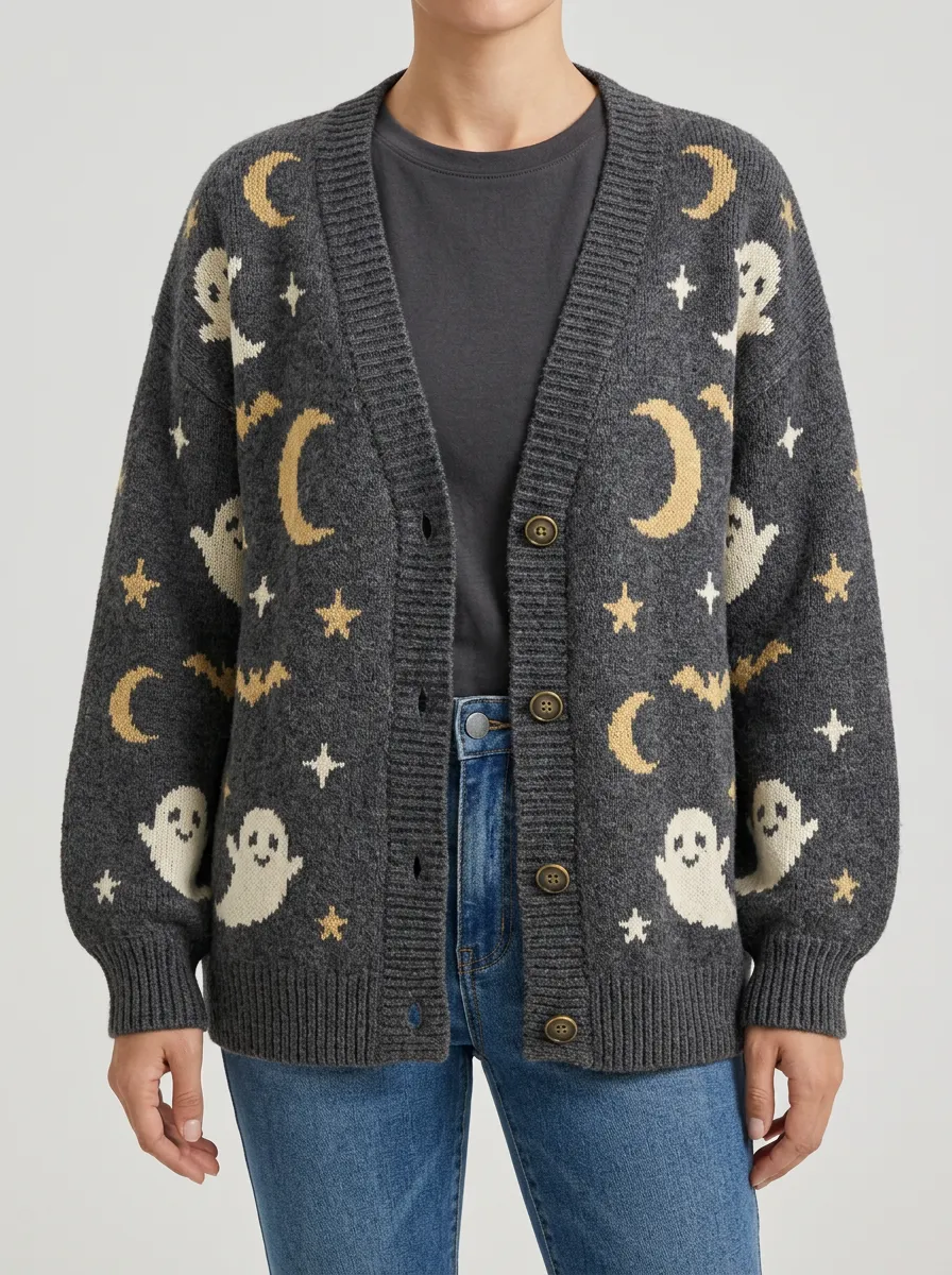 Women's Halloween Ghost Moon Star Pattern Knitted Cardigan