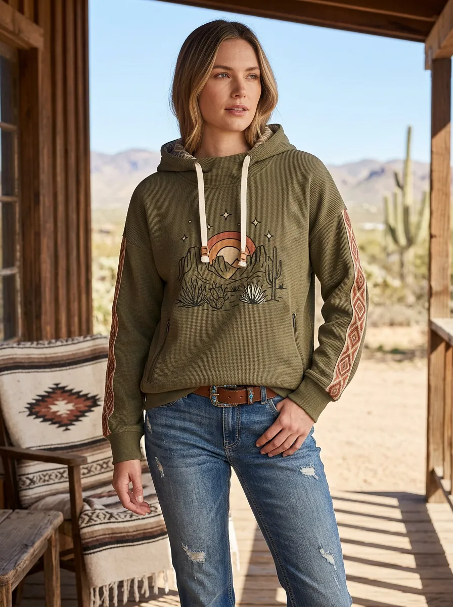 Women's Western Desert Cactus Sunset Printed Hoodie