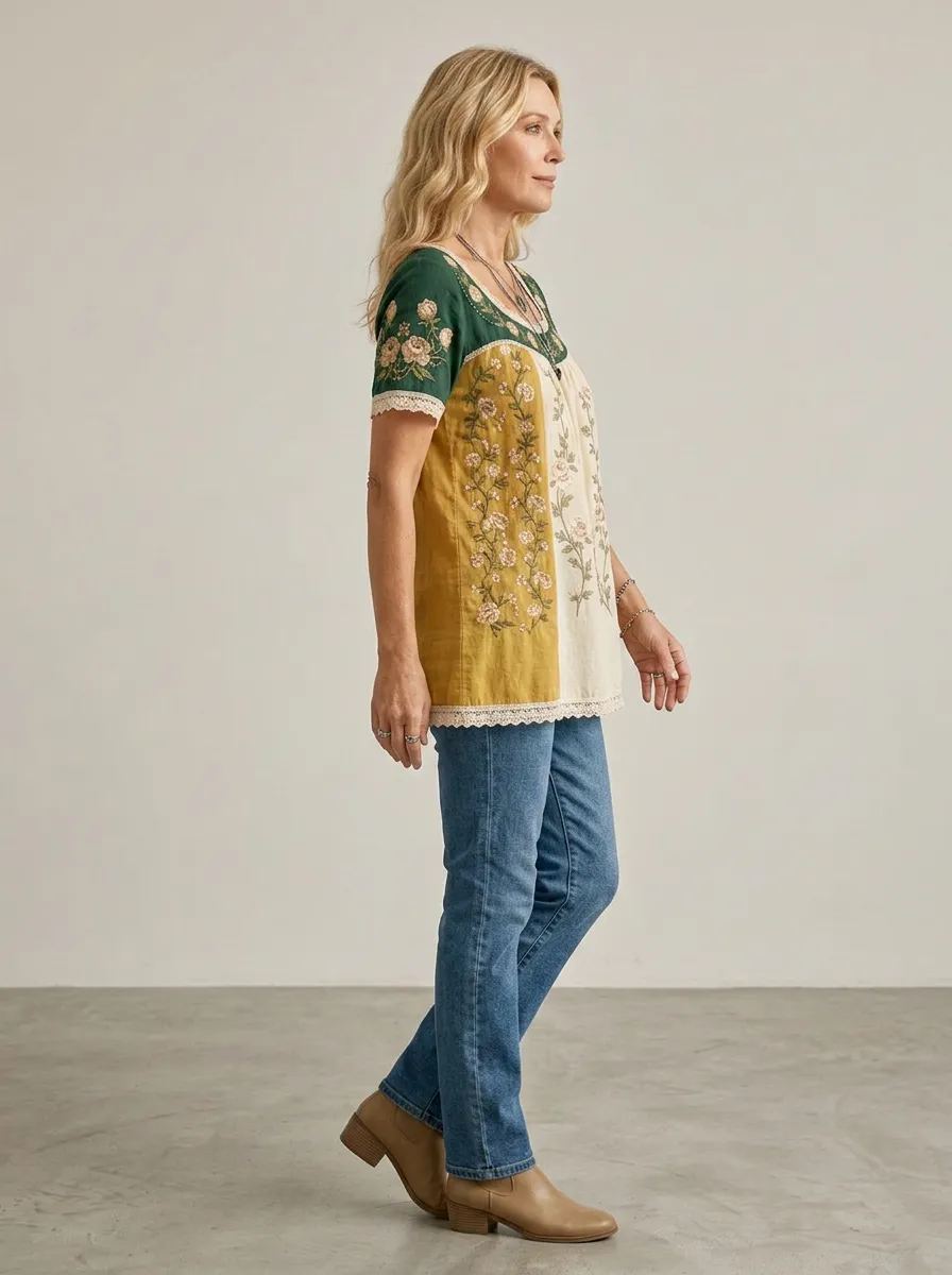 Women's Boho Floral Embroidered Vintage Style Printed T-shirt