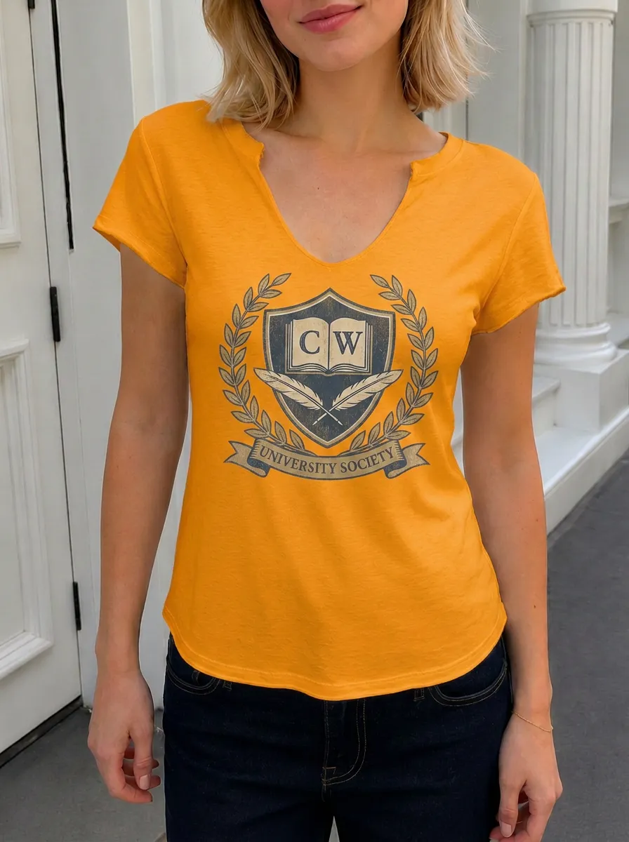 Women's Academic University Society Book Crest Printed V-neck T-shirt