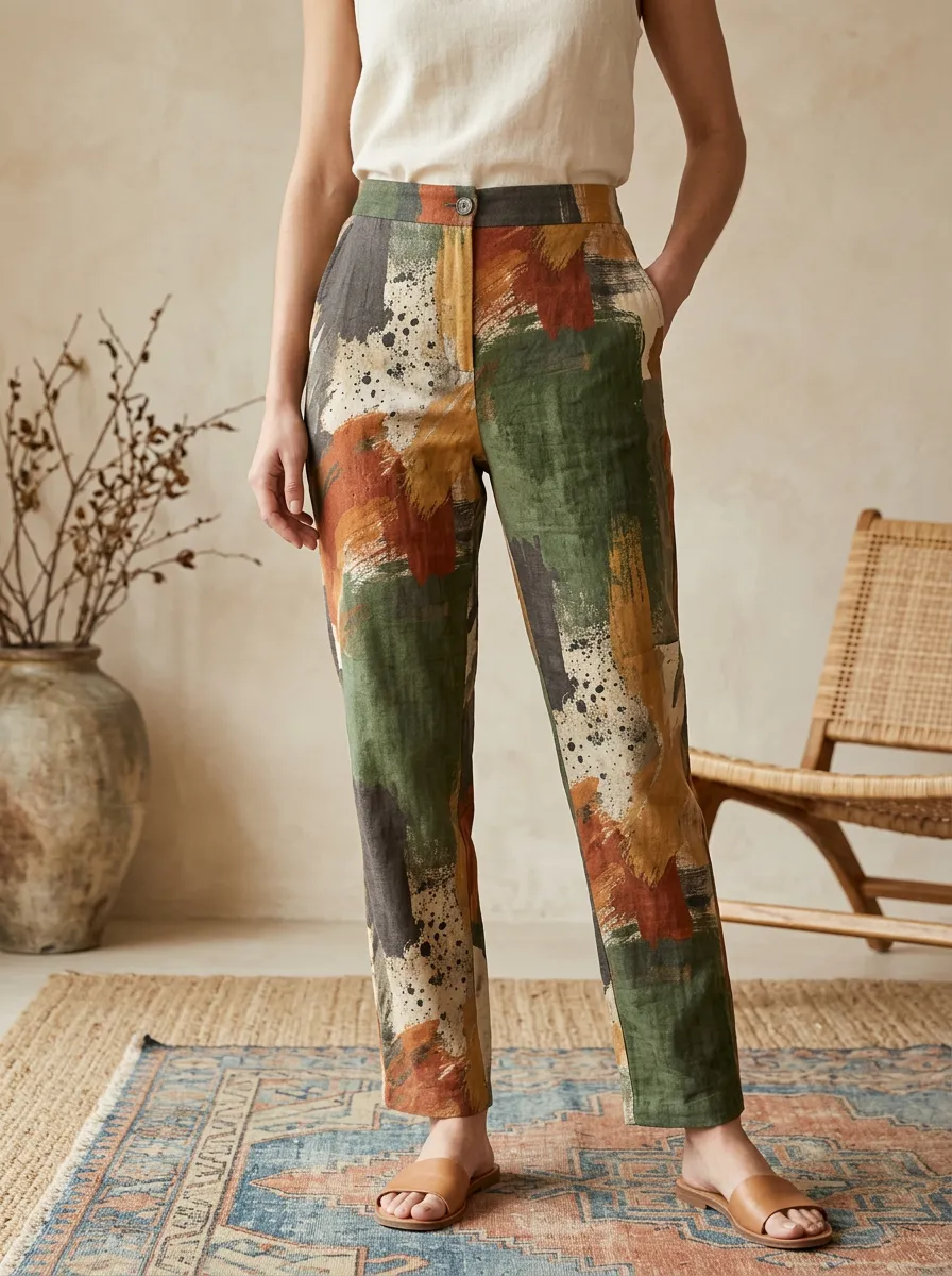 Women's Modern Abstract Art Lover Earth Tone Brushstroke Printed Pants