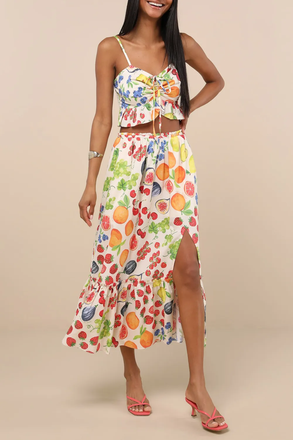 Casual Style White Multi Fruit Print Tiered Midi Skirt