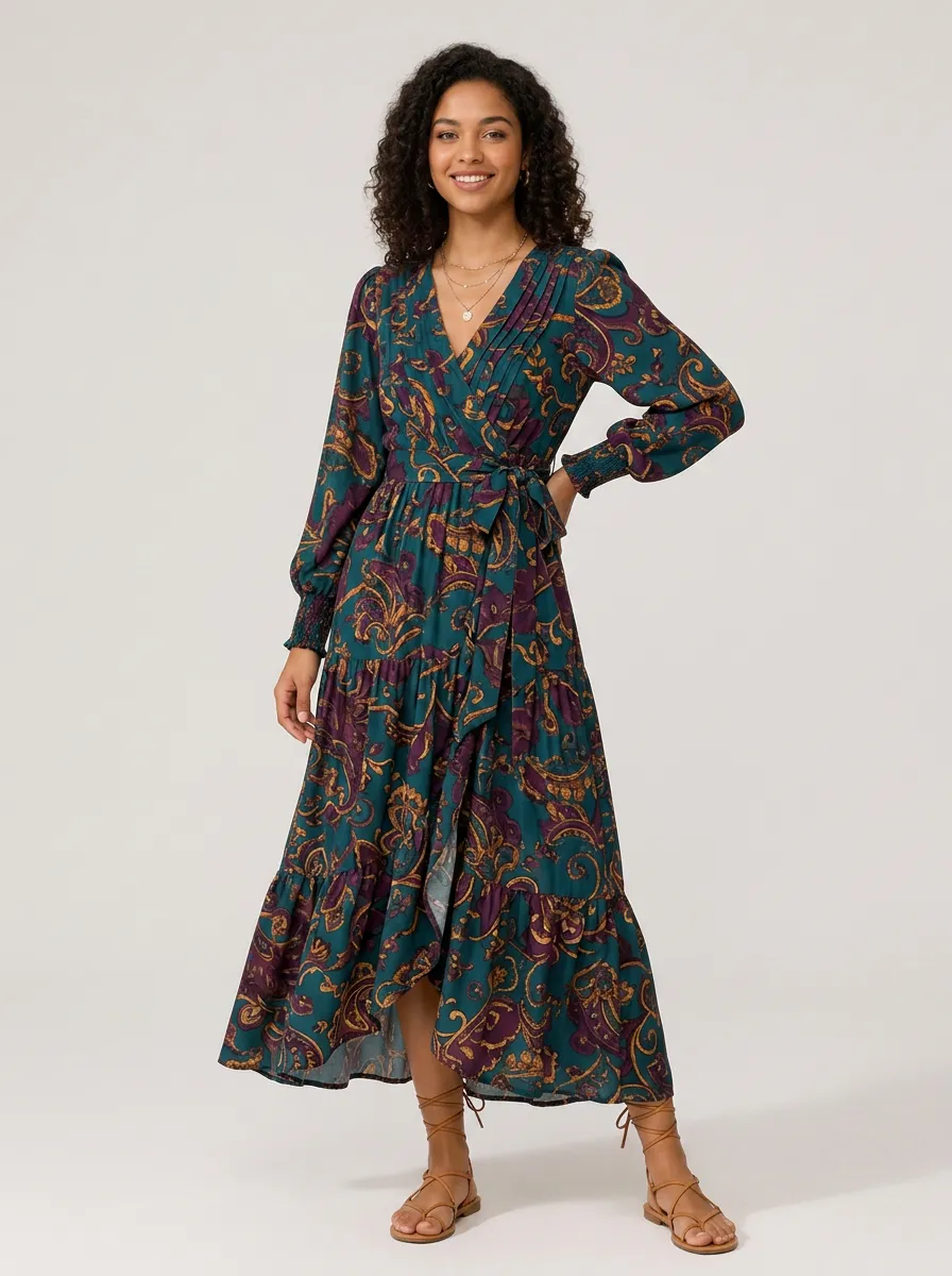 Women's Boho Vintage Paisley Printed Wrap Dress