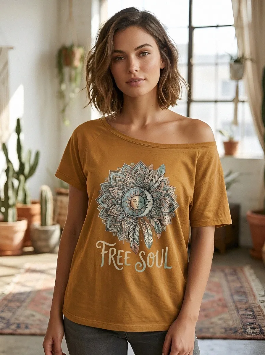 Women's Boho Free Soul Sun Moon Mandala Printed T-shirt