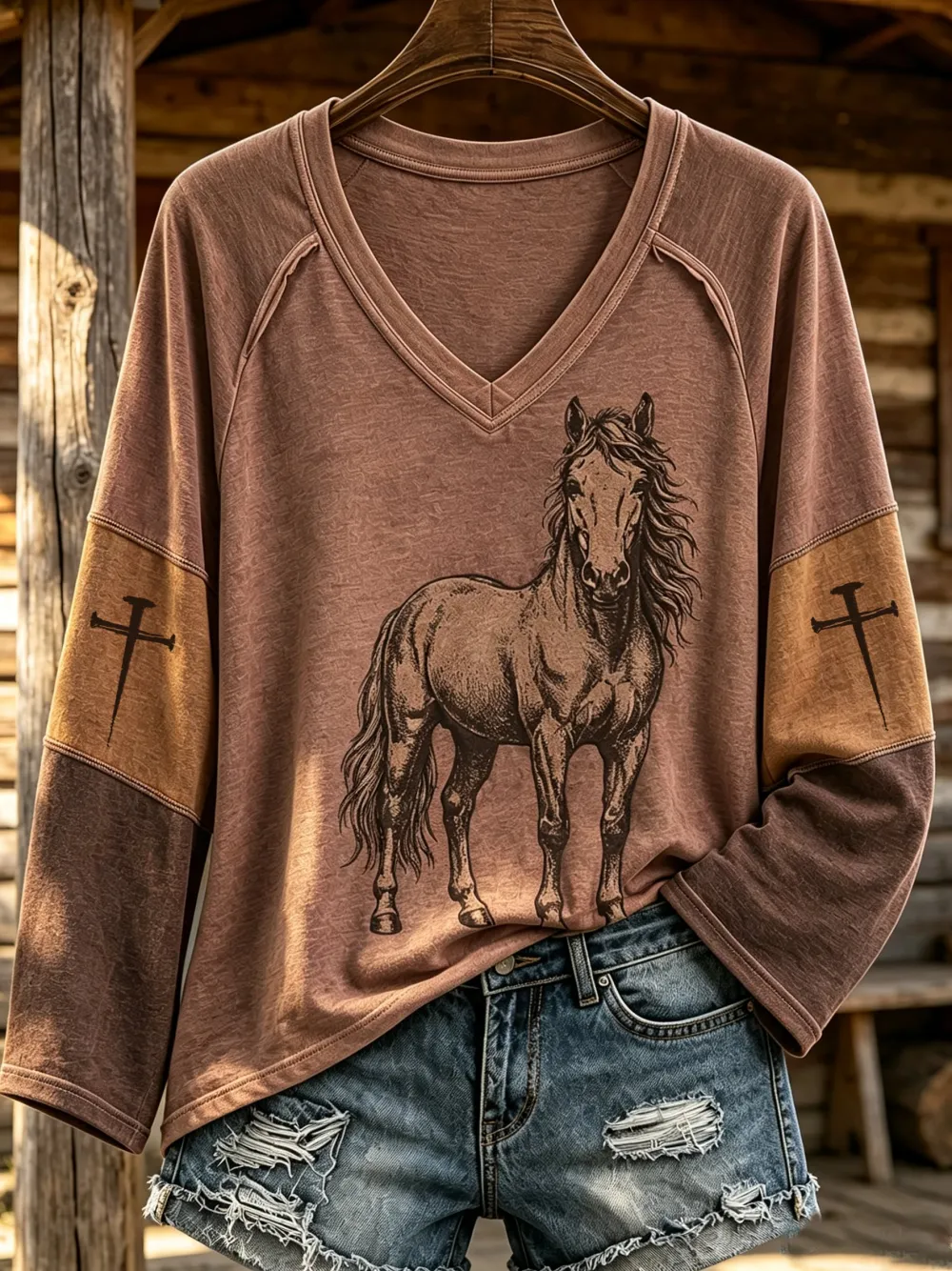 Women'S Retro Western Printed  long sleeved V-neck T-shirt