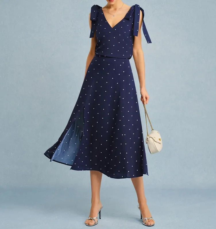Navy Polka Dot Slit Midi Skirt
