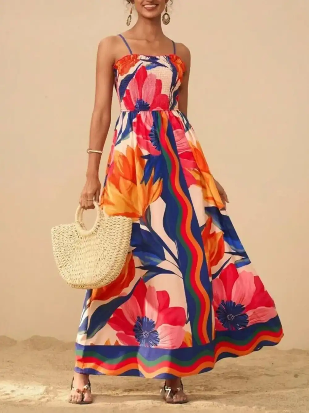 Smocked Spaghetti-Strap Printed Maxi Dress