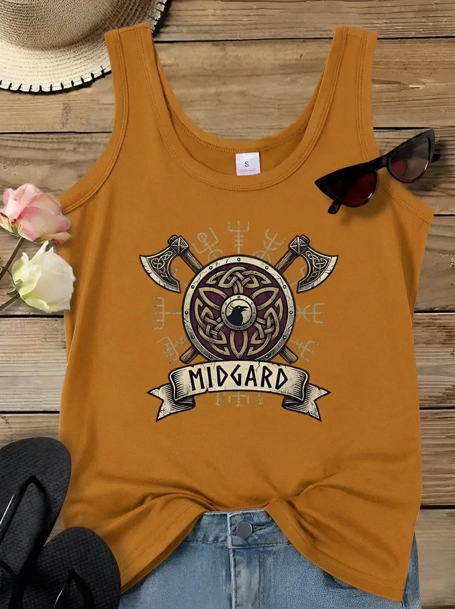 Women's Viking Midgard Raven Axe Shield Printed Tank Top