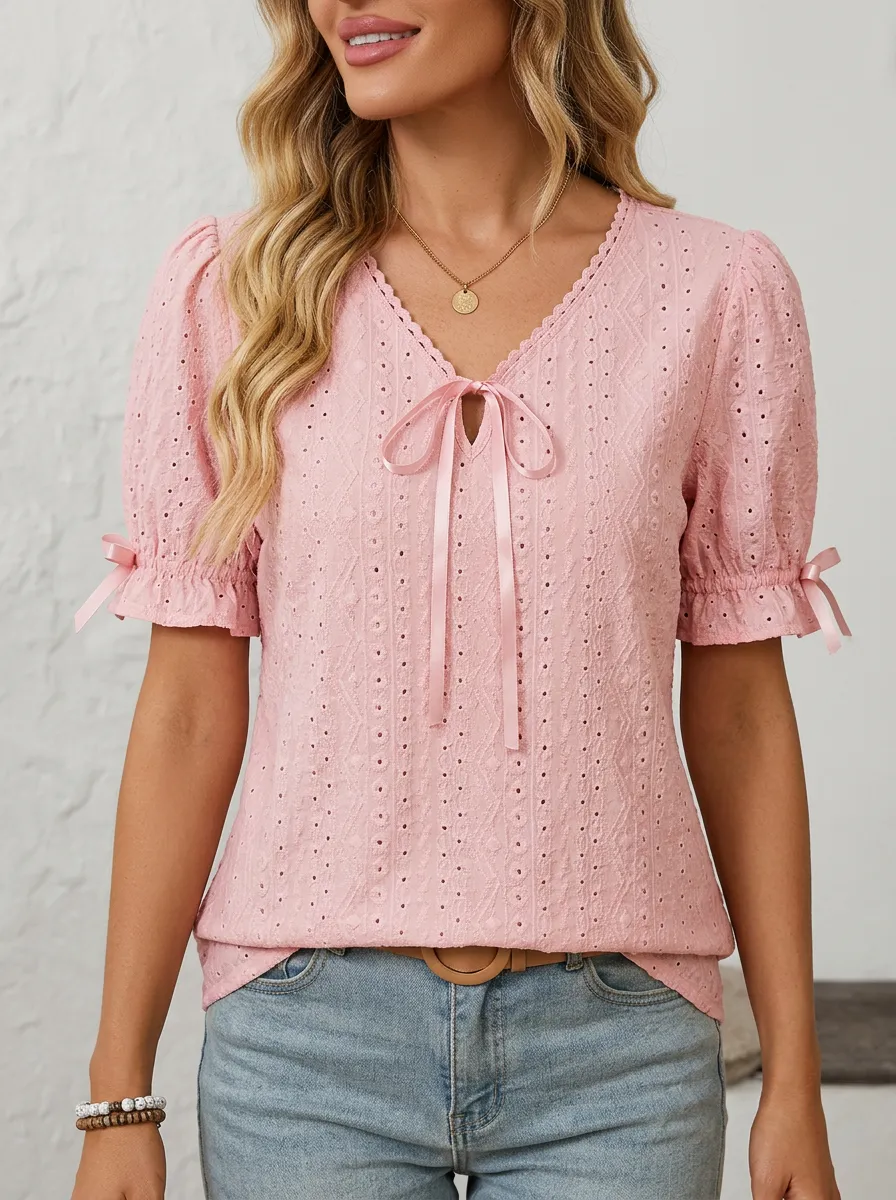 Women's V-neck Tie-neck Eyelet Blouse