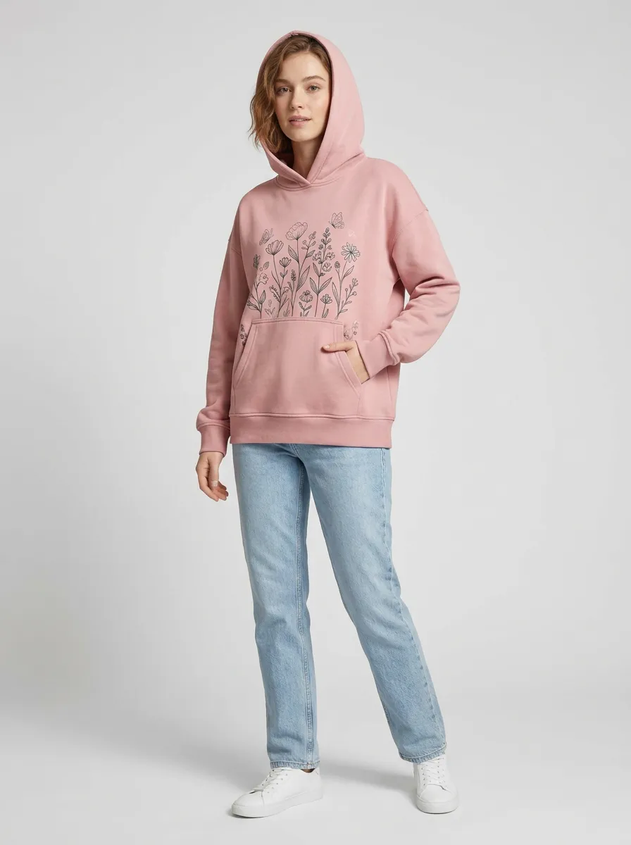 Women's Floral Nature Lover Butterfly Line Art Printed Hoodie