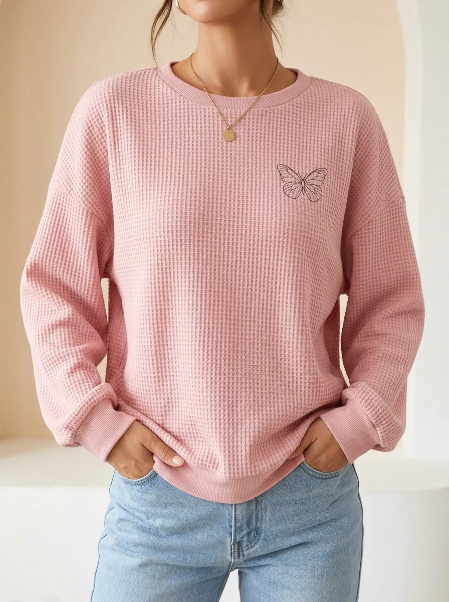 Women's Butterfly Lover Pink Waffle Knit Printed Sweatshirt