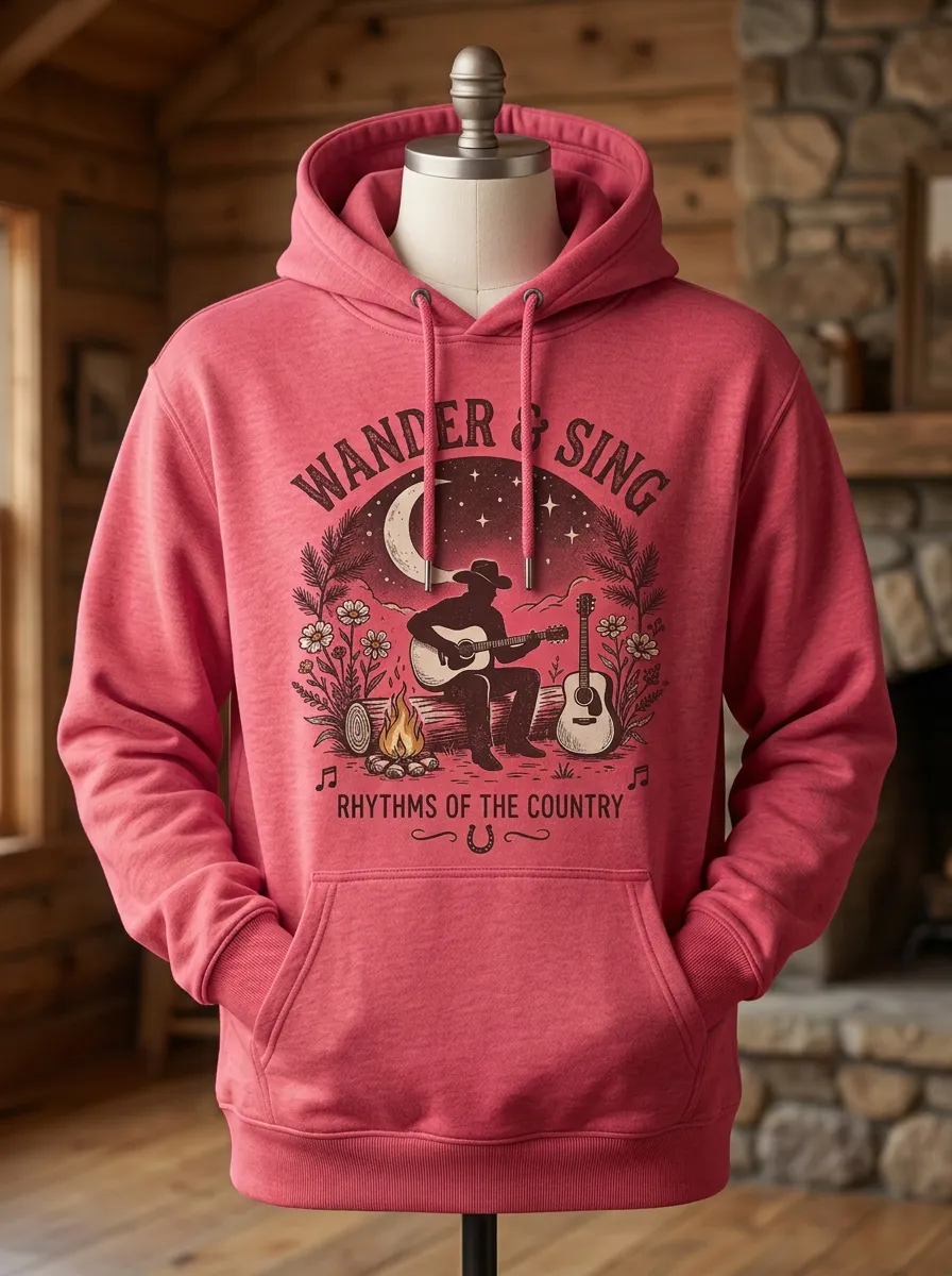 Western-Inspired Country Music Cowboy Guitar Campfire Pullover Hoodie