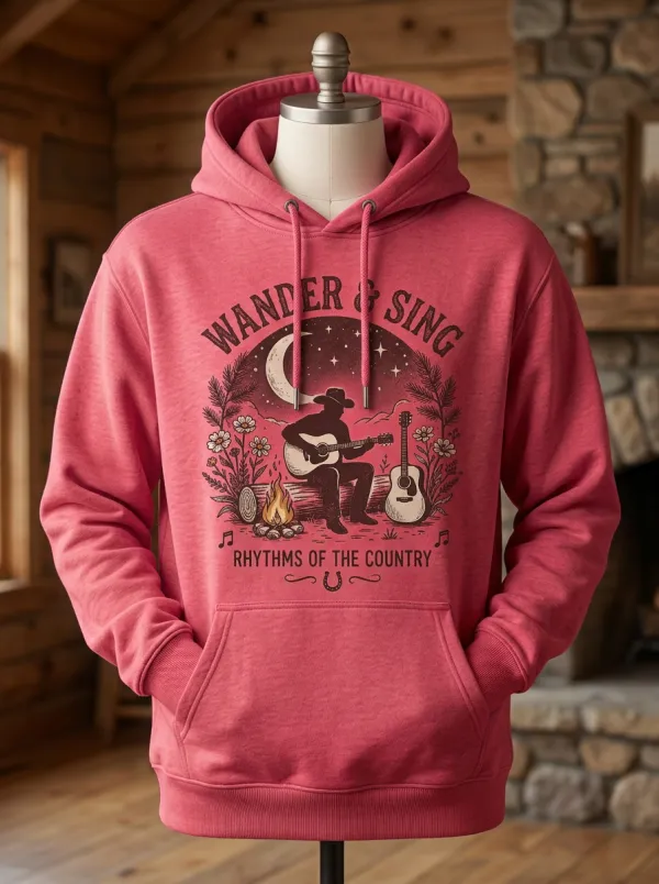 Western-Inspired Country Music Cowboy Guitar Campfire Pullover Hoodie
