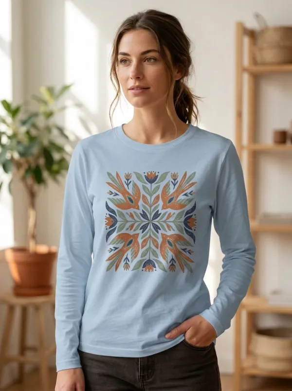 Women's Folk Art Bird Floral Pattern Printed Long Sleeve Top