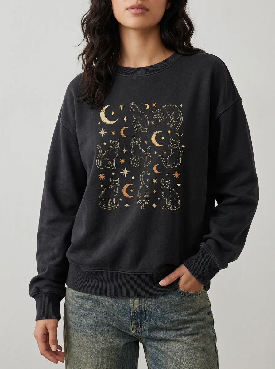 Women's Halloween Celestial Cat Moon Stars Printed Sweatshirt