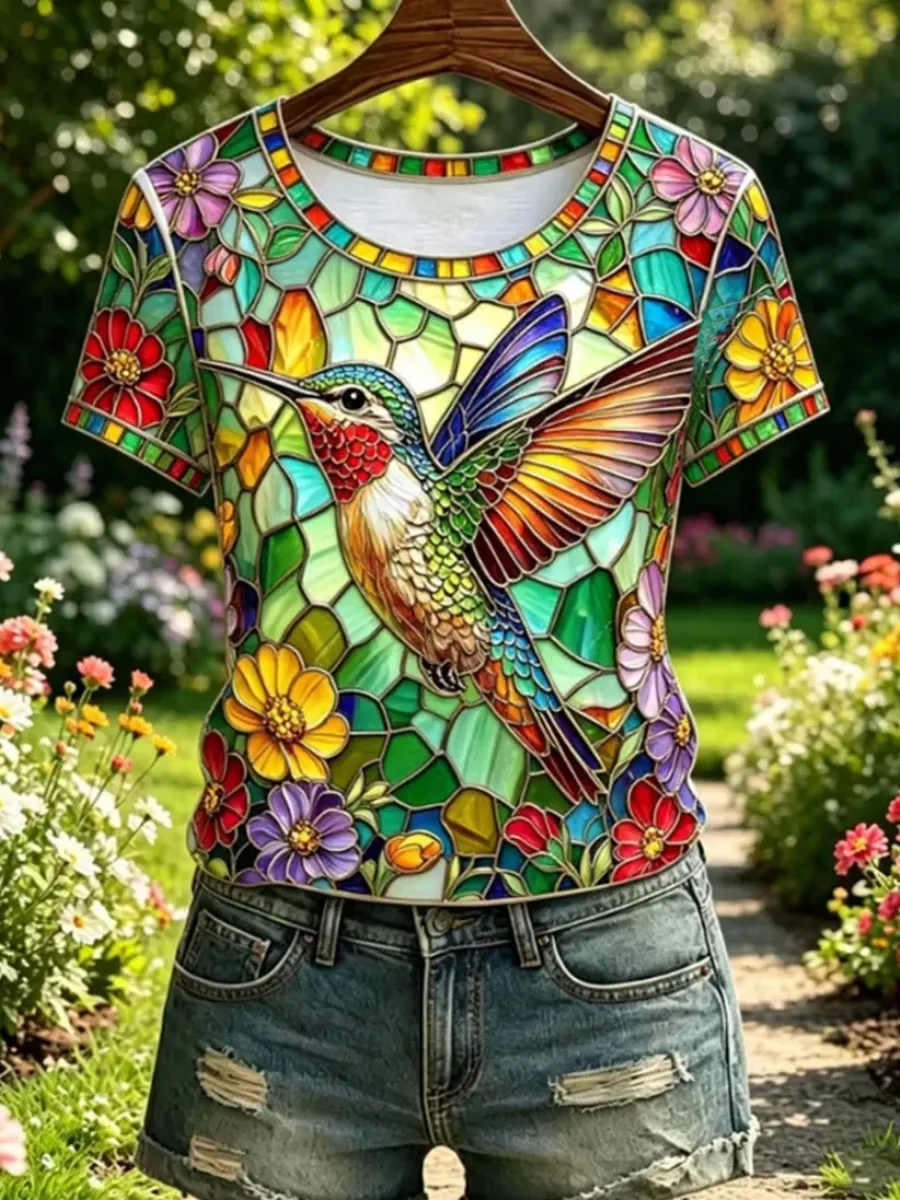 Women's Floral Hummingbird Print Casual T-Shirt