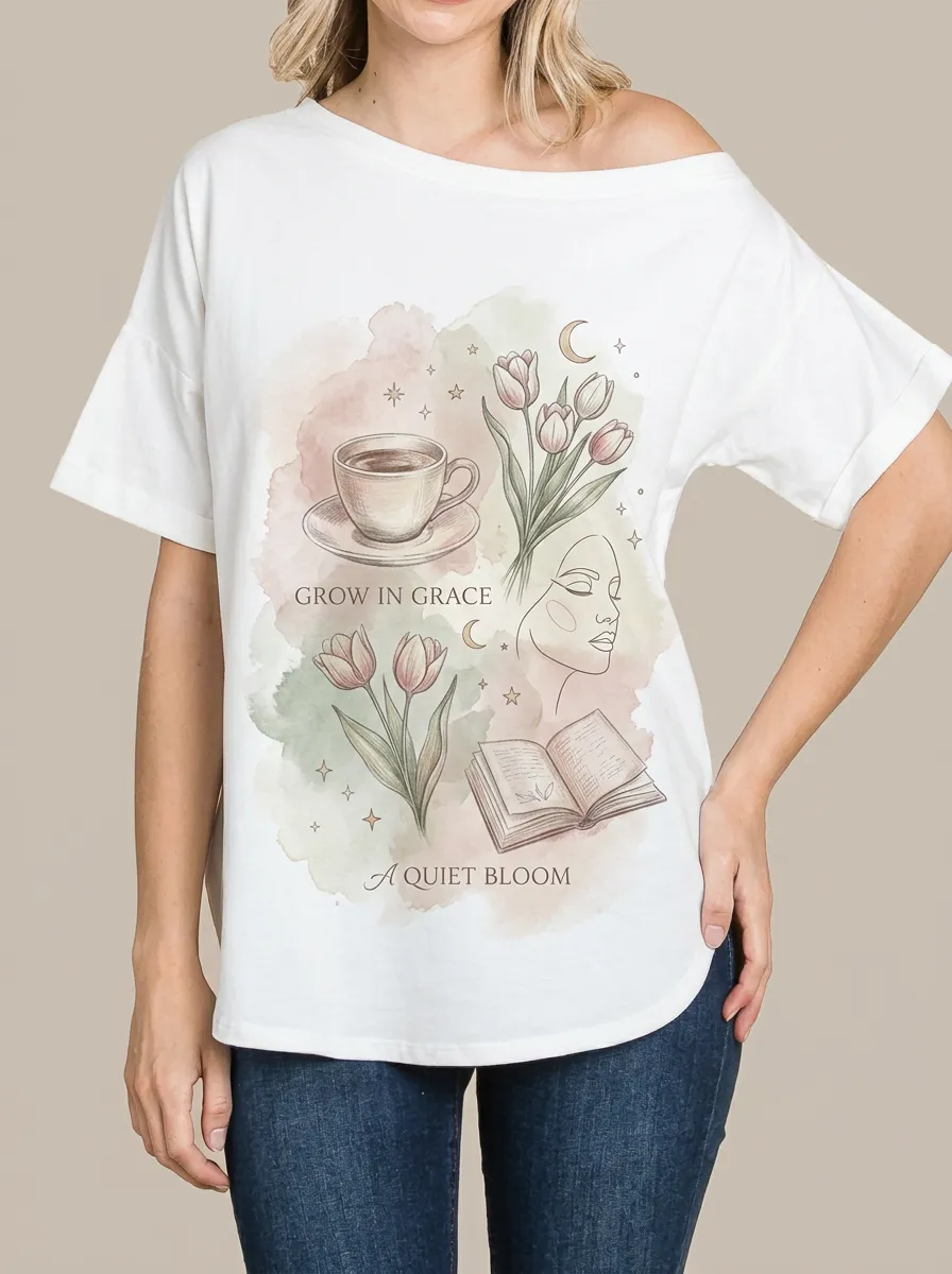 Women's Coffee Tulip Book Aesthetic Printed T-shirt