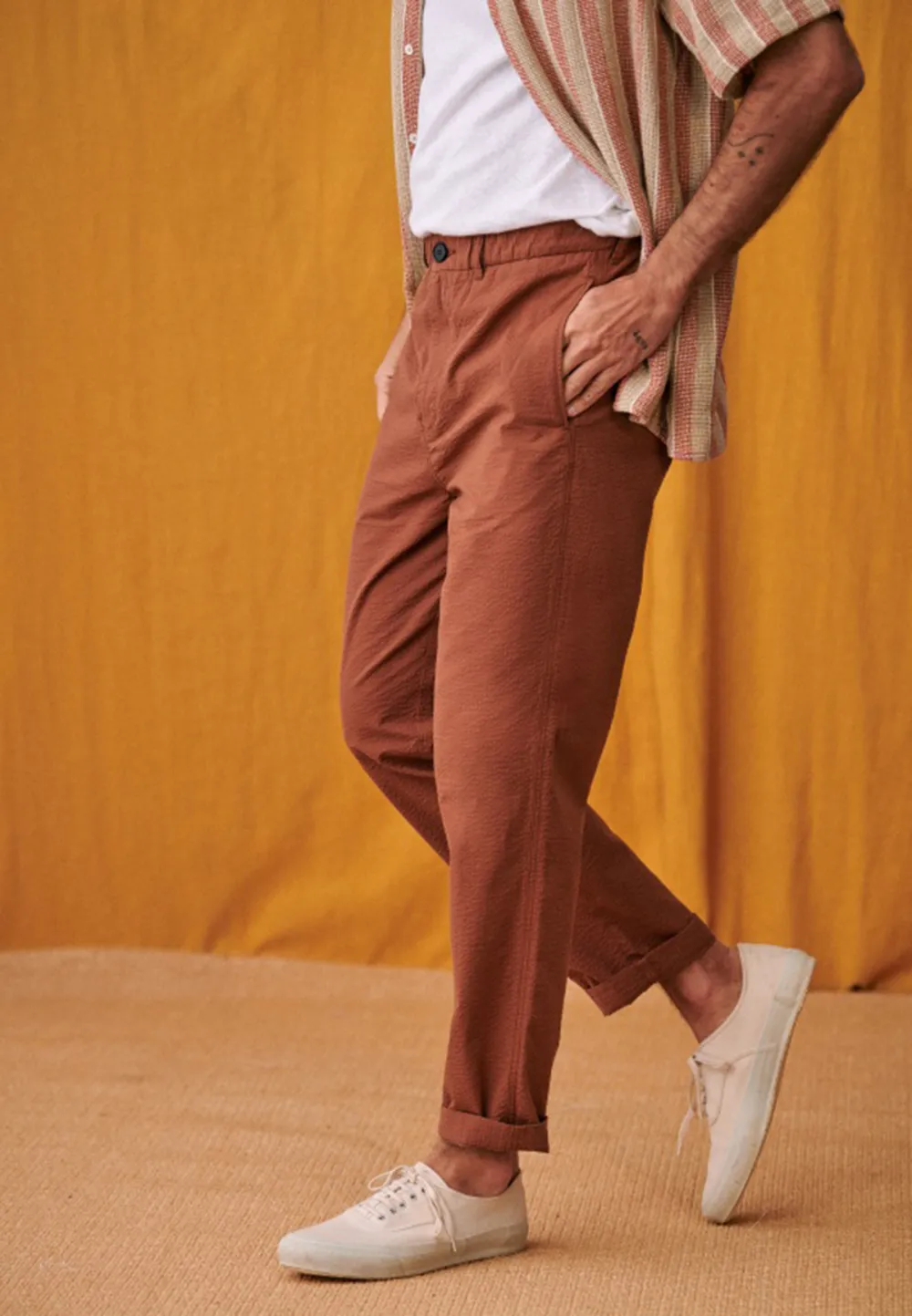 Rust Brown Seersucker Drawstring Waist Trousers