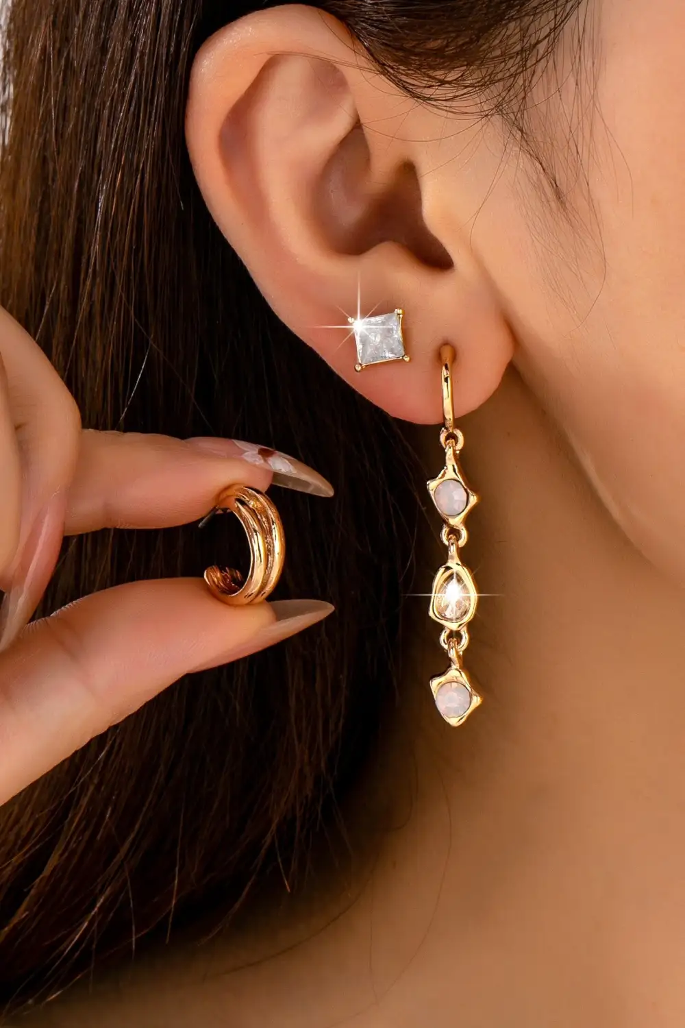 Opal Crystal Huggie arring Trio