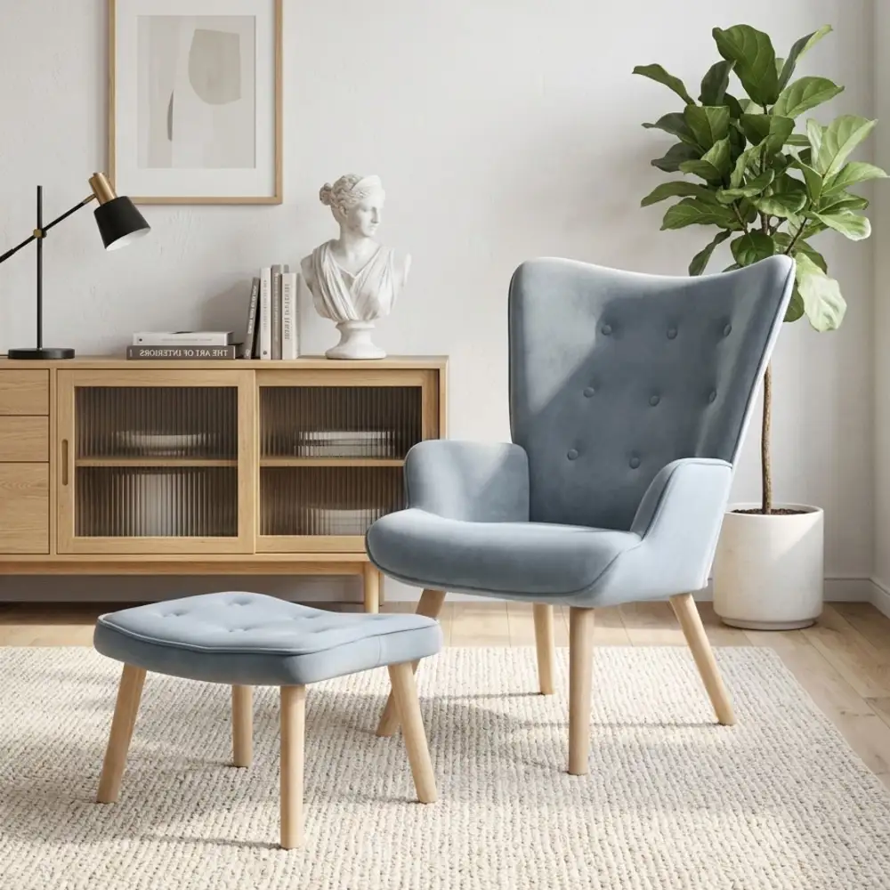 Relaxed Casual Comfort Velvet Armchair With Ottoman