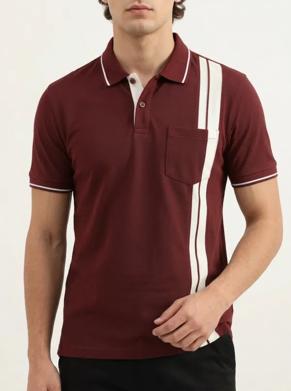 Men's Ribbed Textured Vertical-Stripe Contrast-Panel Pocket Polo Shirt