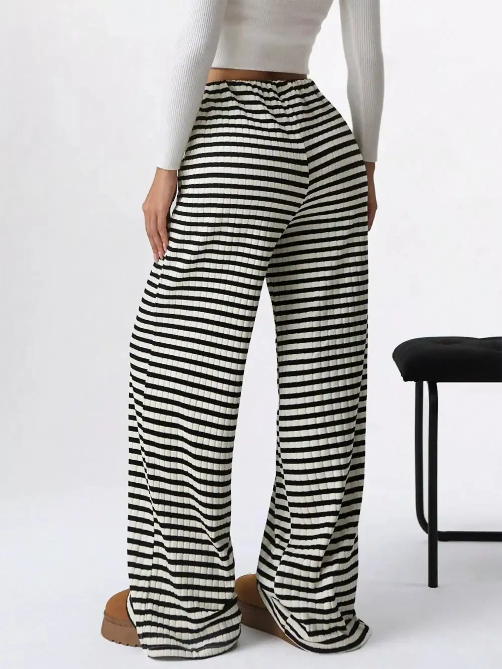 Striped Ribbed Knit Drawstring Waist Wide Leg Pants