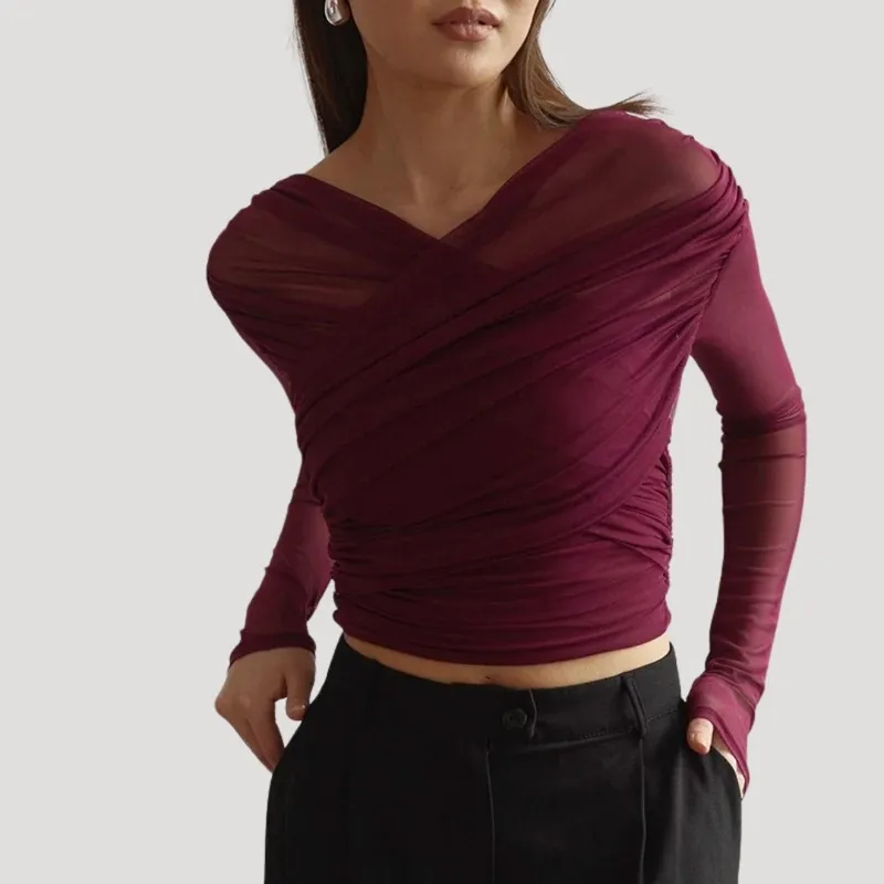 Spring Sheer Wrap Long-Sleeve Top