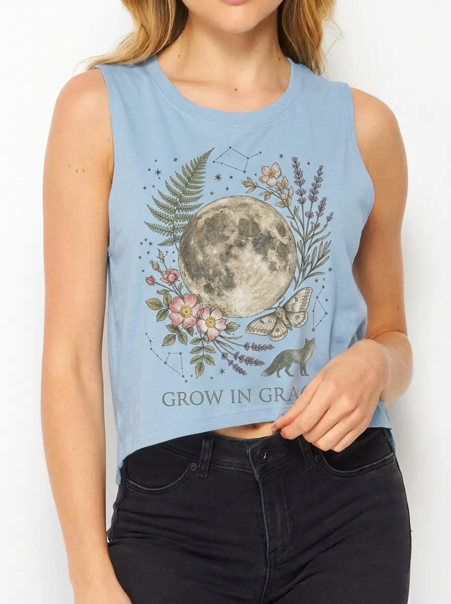 Women's Celestial Moon Floral Moth Printed Crop Tank Top