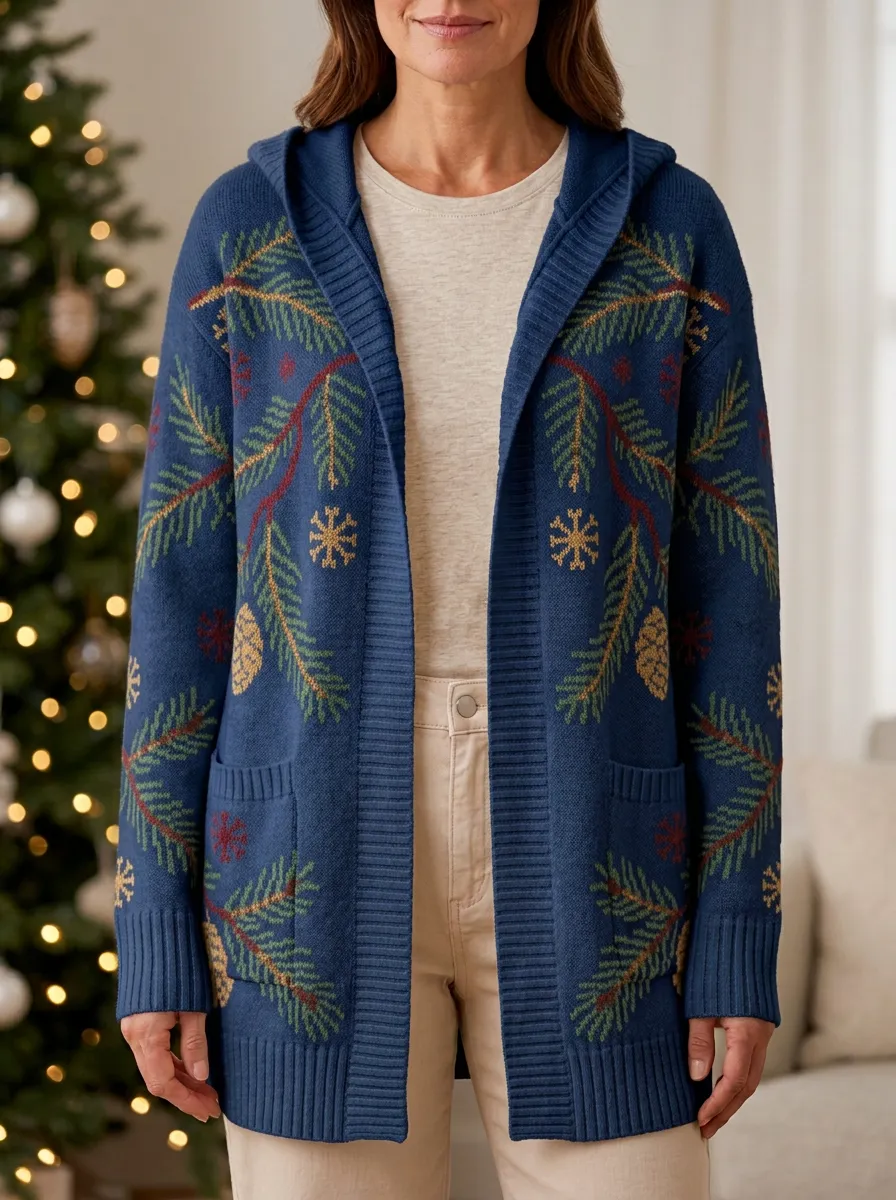 Christmas Pine Branch Snowflake Print Hooded Cardigan