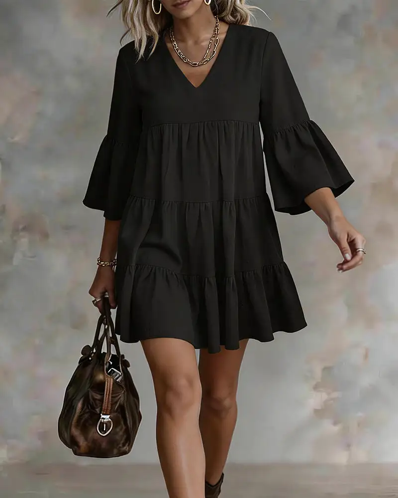V-Neck Bell Sleeve Ruffle Tiered Mini Dress