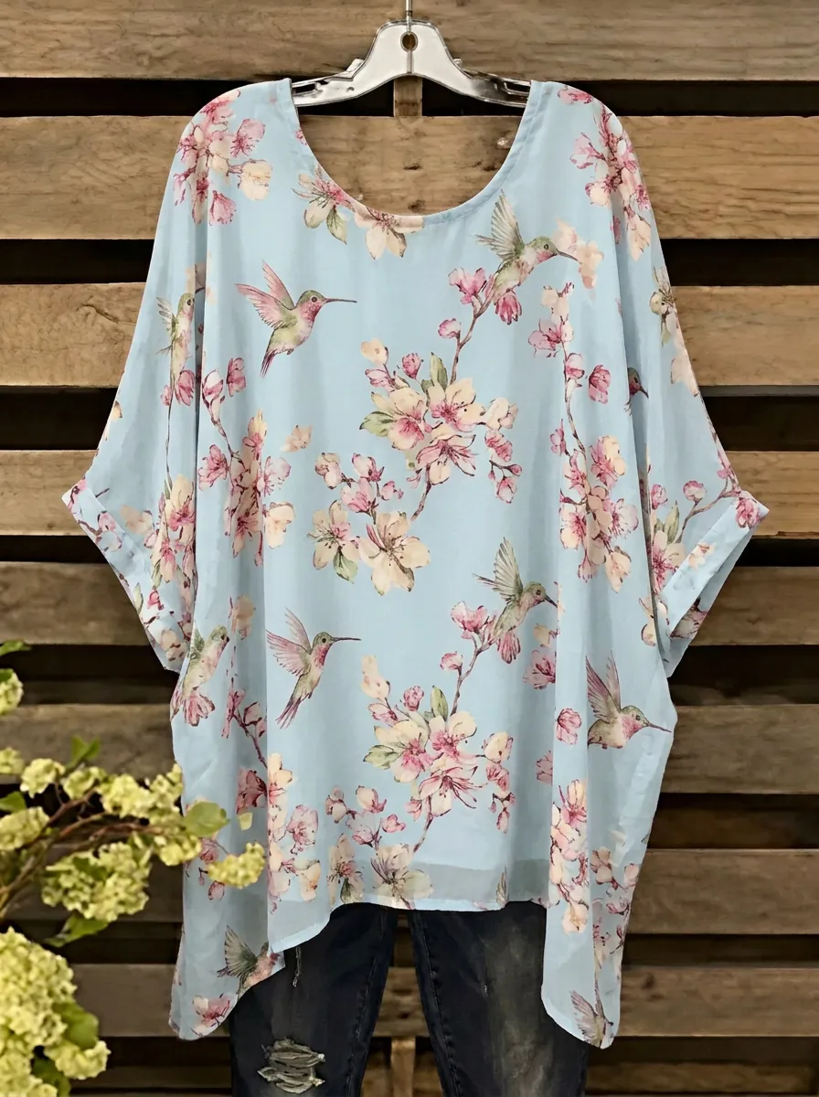 Nature-Inspired Hummingbird Cherry Blossom Women's Loose Printed T-Shirt