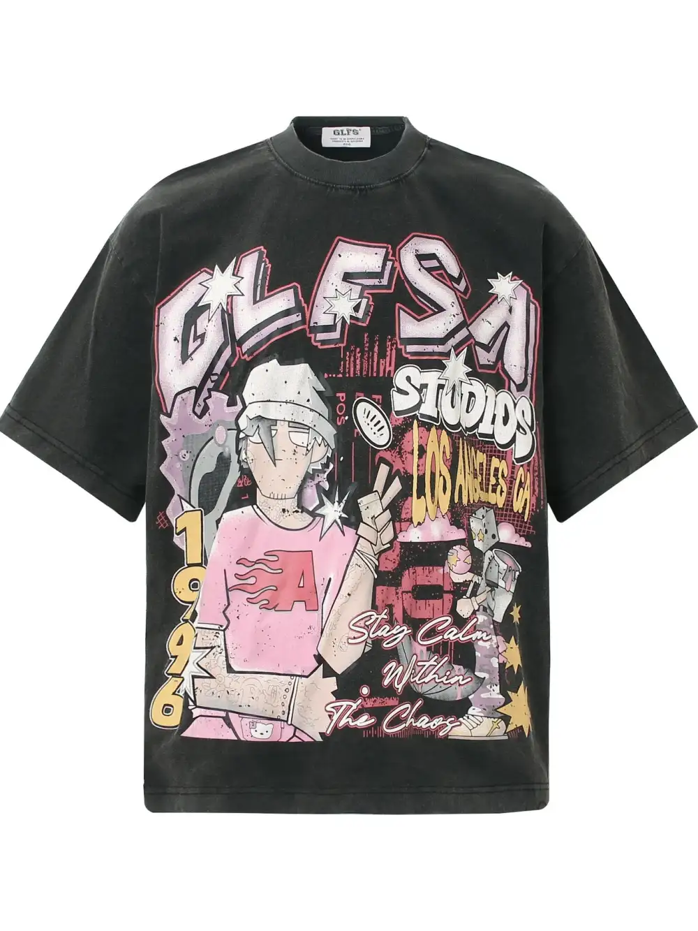 Textured Graphic Washed Oversized Crew Neck Tee