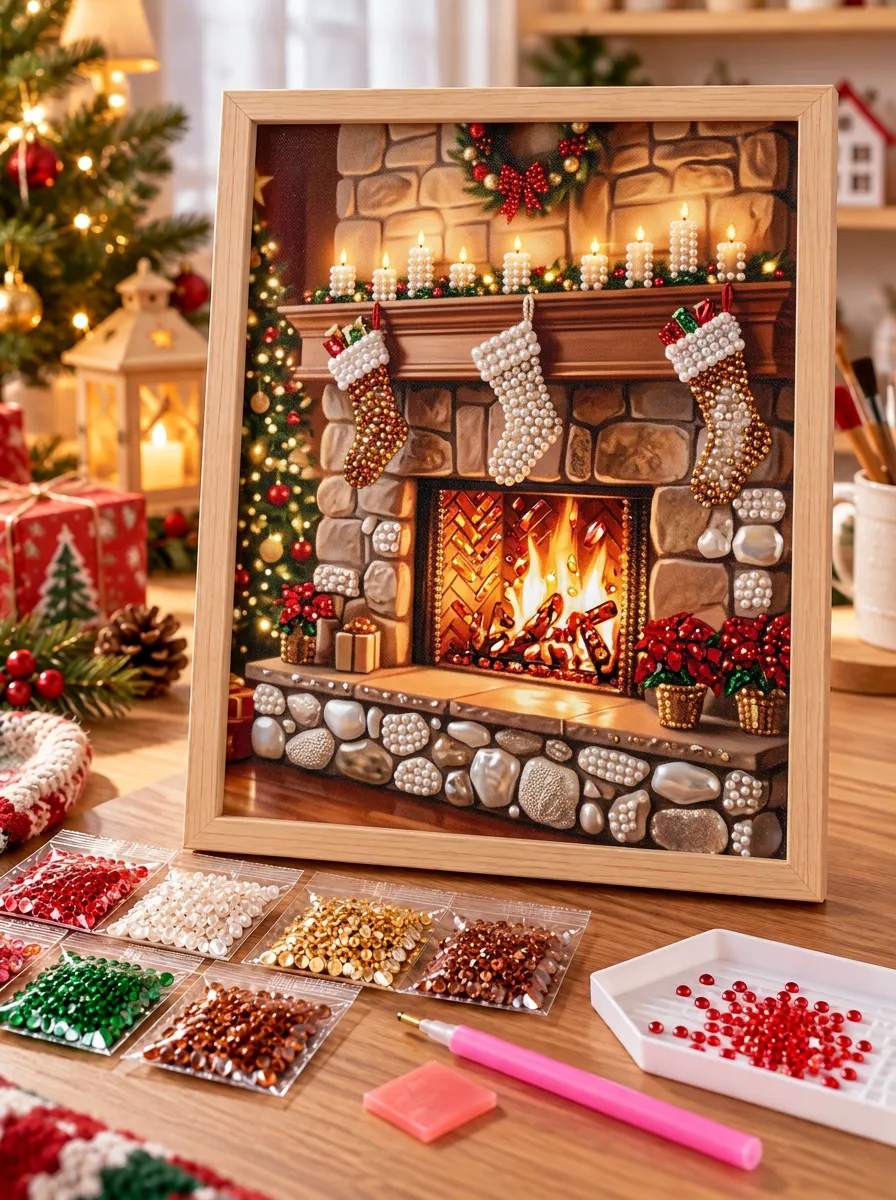 Fireplace Stockings Pearl-Accent Christmas DIY Diamond Painting Kit