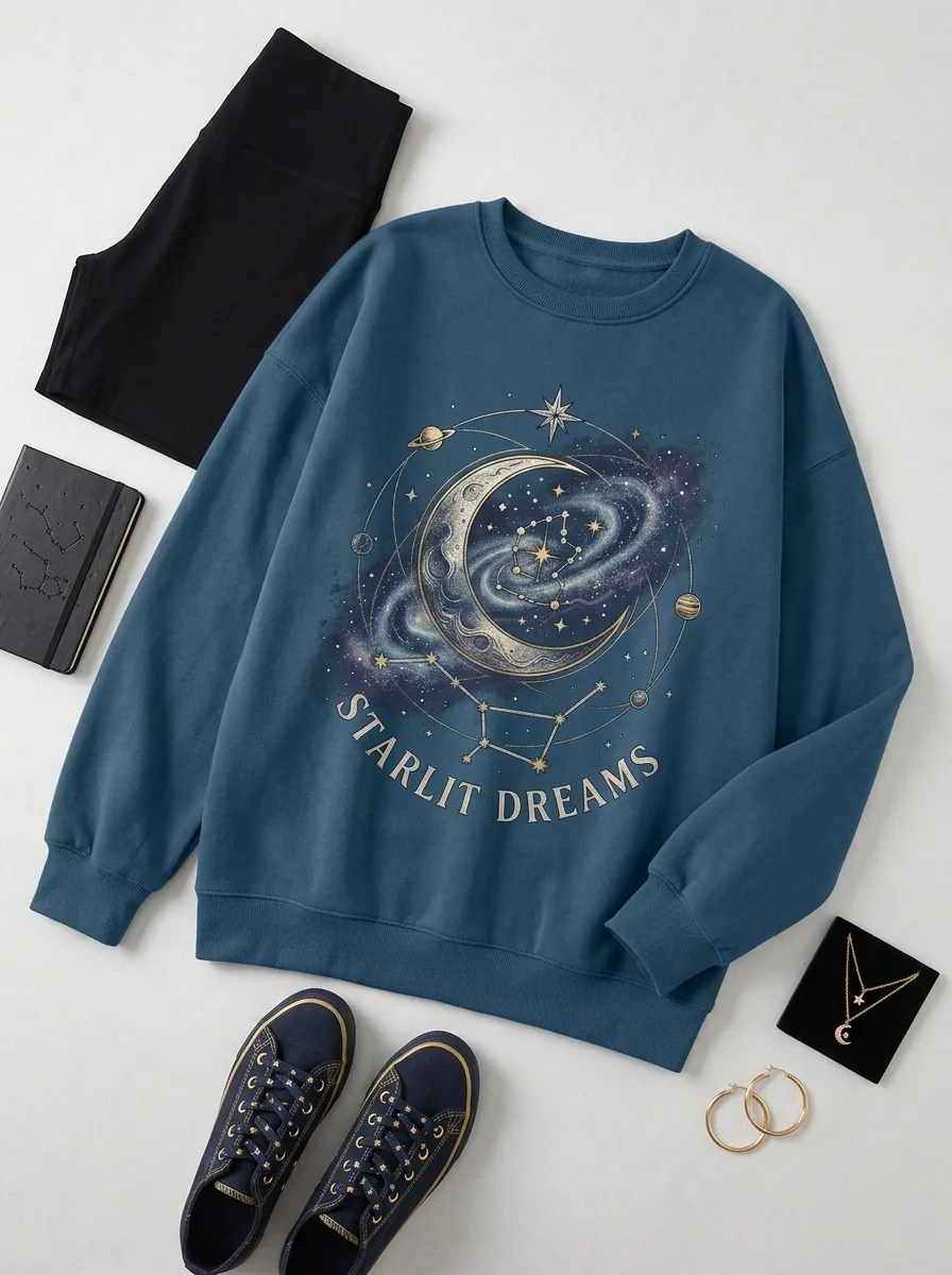 Women's Celestial Starlit Dreams Moon Galaxy Printed T-shirt
