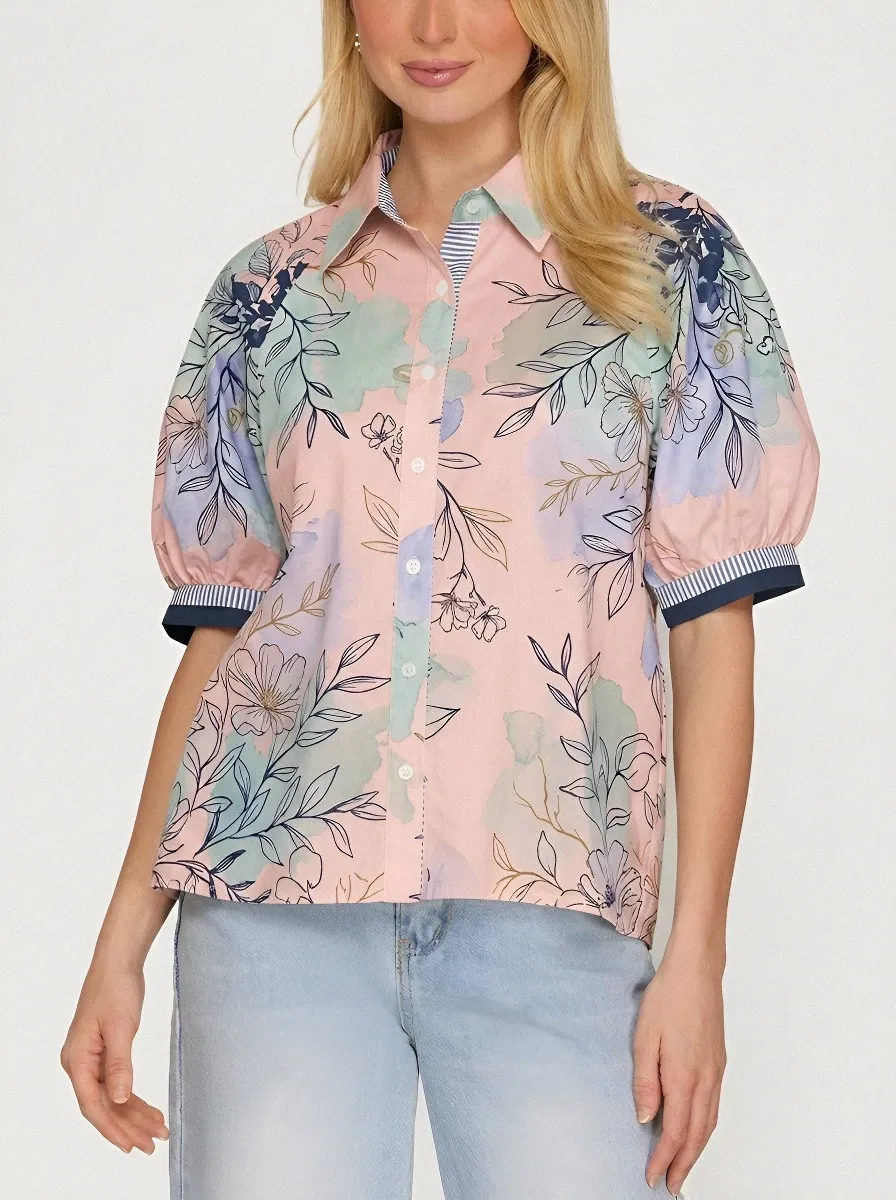 Women's Floral Watercolor Botanical Printed Puff Sleeve Shirt