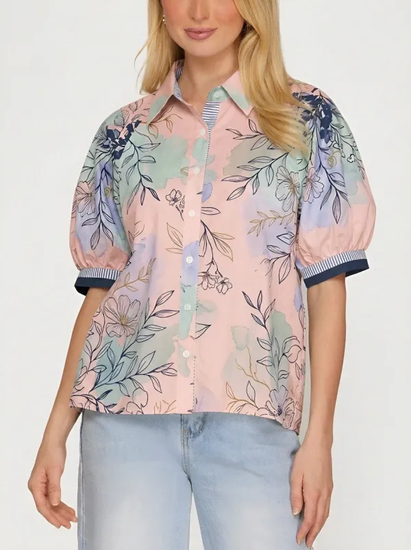 Women's Floral Watercolor Botanical Printed Puff Sleeve Shirt
