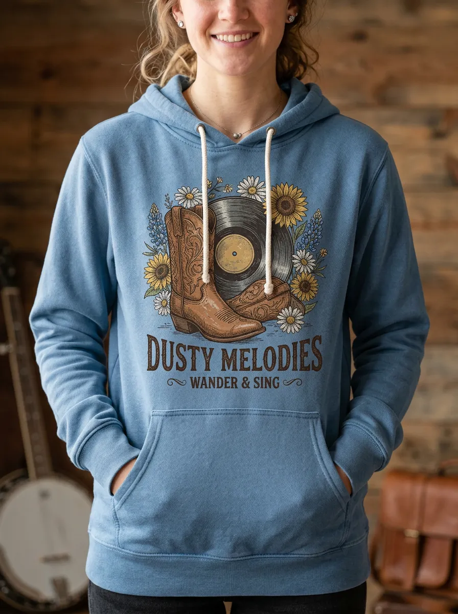Cowboy-Boot Floral Record-Player Women's Country Music Printed Hoodie
