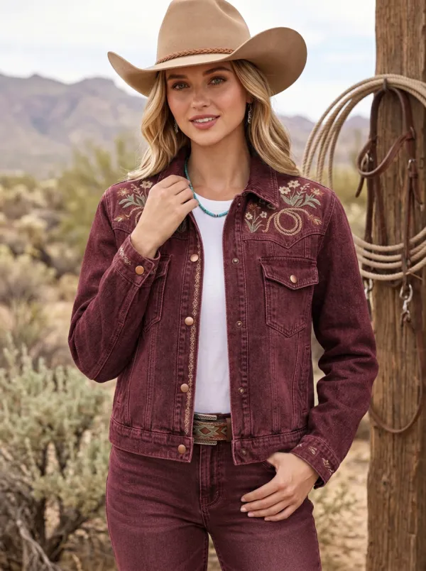 Women's Western Cowgirl Lasso Floral Embroidered Denim Jacket