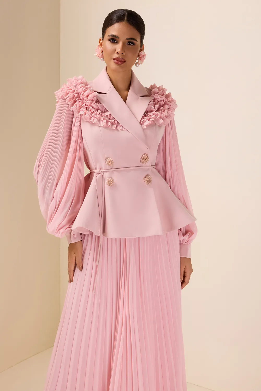 Frill Tailored Collar Pleated Top & Maxi Skirt Set