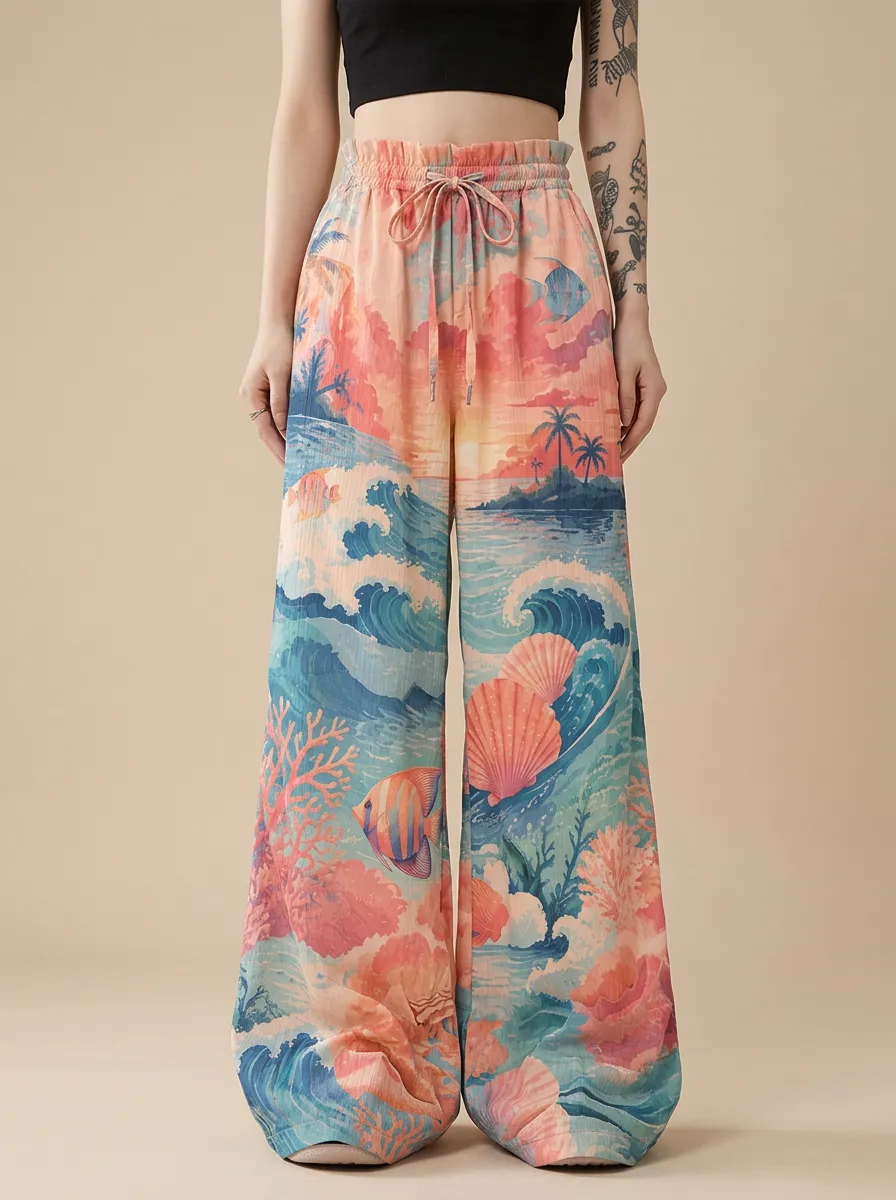 Women's Beach Lover Tropical Ocean Shell Printed Wide Leg Pants