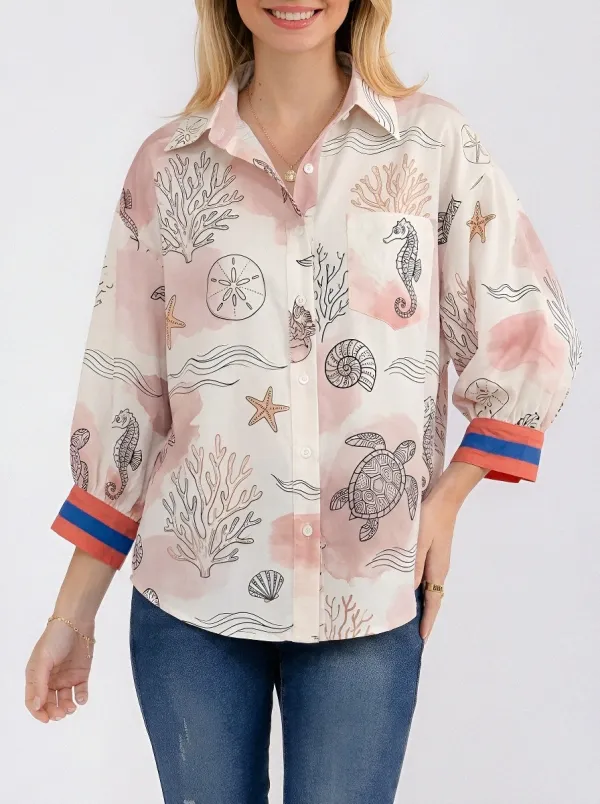 Women's Ocean Lover Sea Turtle Seahorse Printed Button-up Shirt