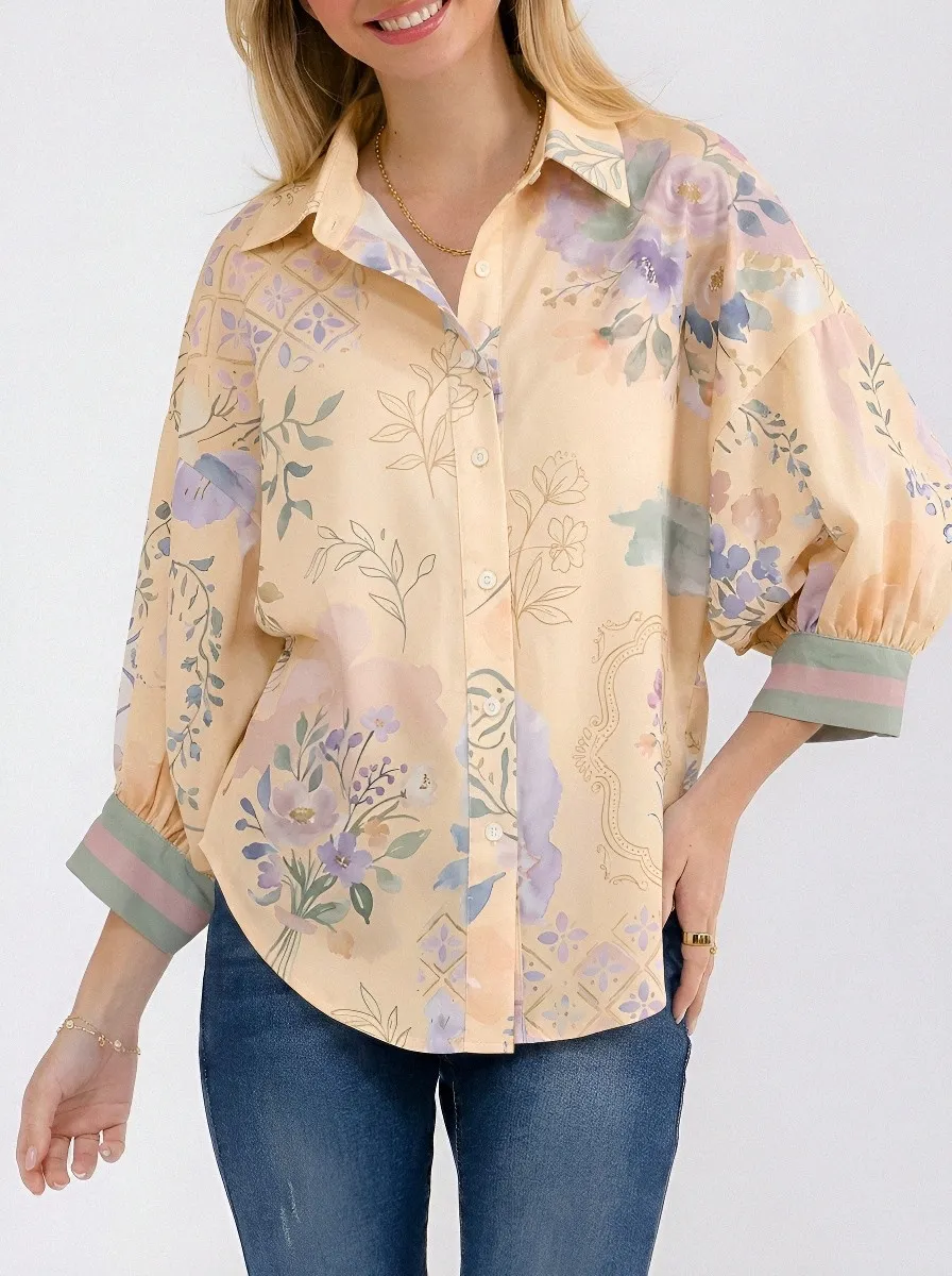 Women's Floral Botanical Watercolor Printed Button-Up Shirt