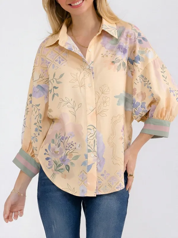 Women's Floral Botanical Watercolor Printed Button-Up Shirt