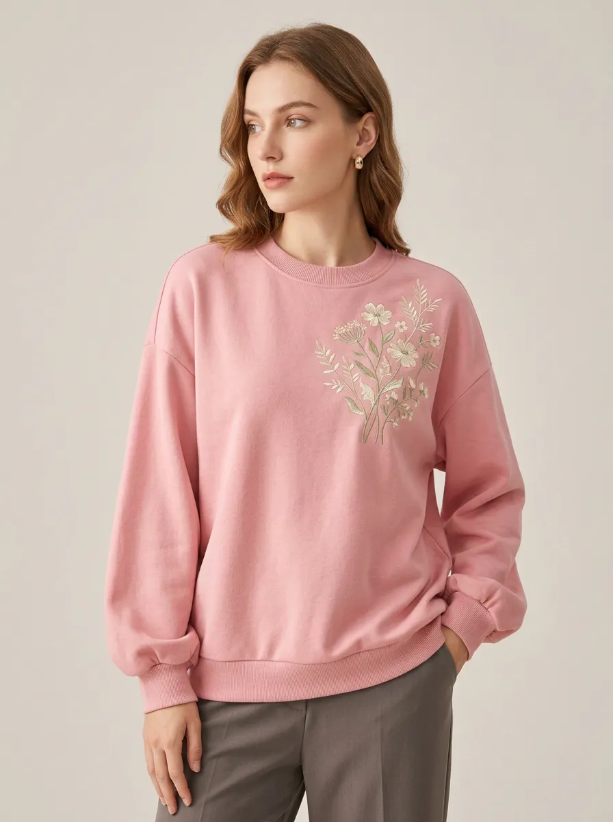 Women's Floral Lover Pink Botanical Embroidered Sweatshirt