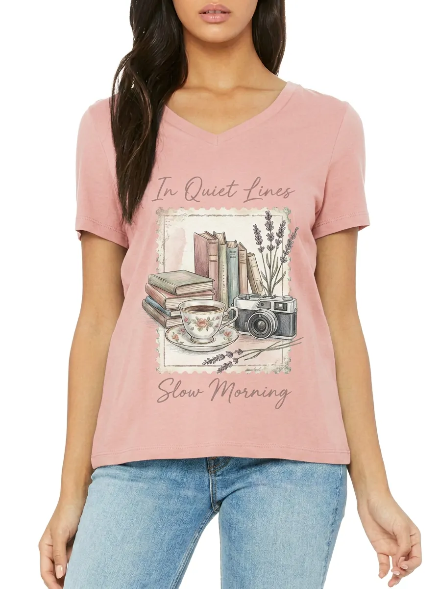 Women's Book Lover Slow Morning Coffee Camera Printed V-neck T-shirt